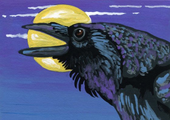 ACEO ATC Original Miniature Painting Crow Raven Bird Wildlife Art-Carla Smale