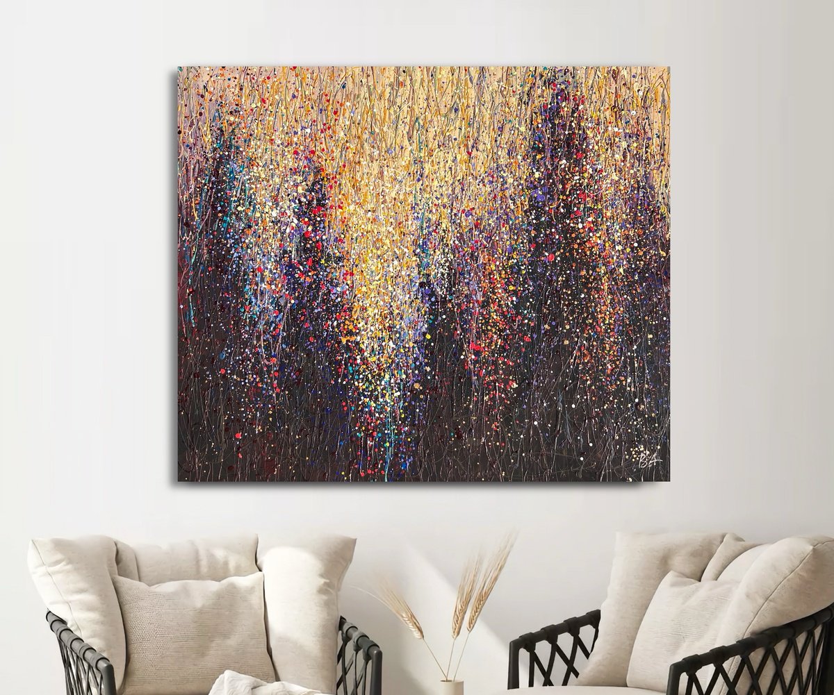 Abstract Acrylic Painting By Bogdana Antoniuk, 43 X 38, Golden Rain - Violet, Original Artwork