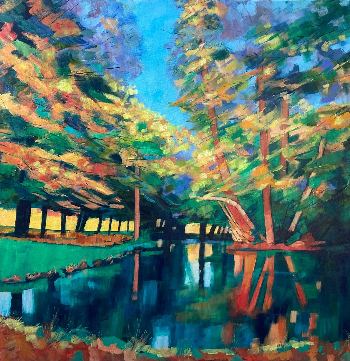 Expressive Landscape Acrylic Painting By Stuart Roper, 31 X 31", Autumn Pond, Original Artwork