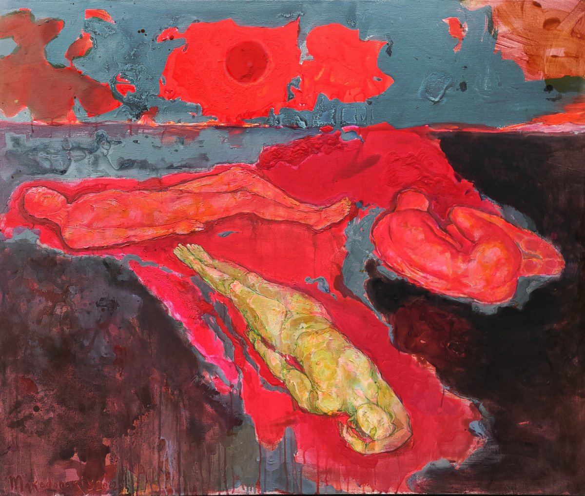 Expressive Portrait Acrylic Painting By Pavlo Makedonskyi, 47 X 39", On The Red Meadow, Original Artwork