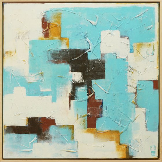 Abstract Painting - White and Turquoise Art - With frame 28J