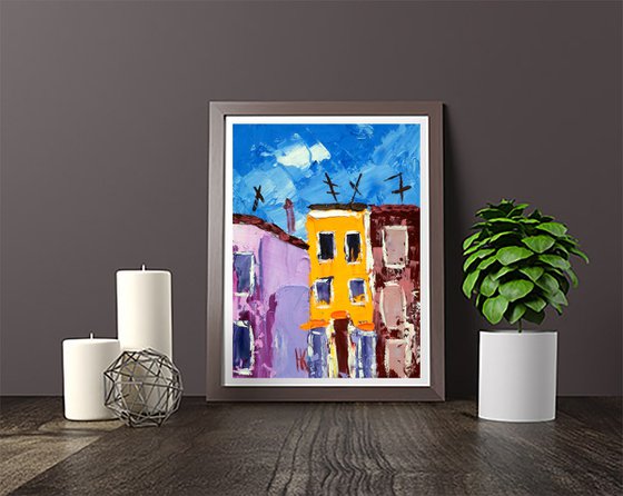 Burano Venice Painting Cityscape Original Art Italy Oil Palette Knife Artwork Venice Small Home Wall Art 6 by 8" by Halyna Kirichenko