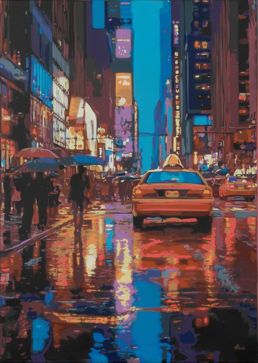 Impressionistic Cityscapes Painting By Marco Barberio, 20 X 28", New York City Rain 14, Original Artwork