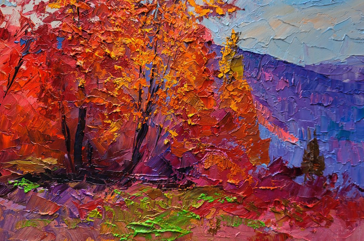 Impressionistic Landscape Oil Painting By Boris Serdyuk, 12 X 8, Autumn Is Crimson, Original Artwork