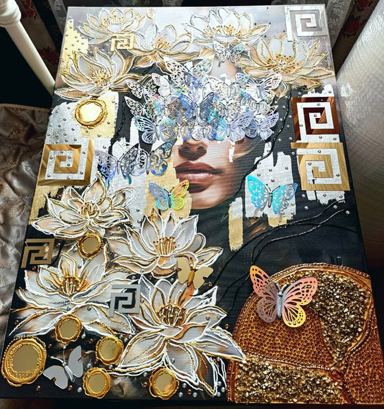 Woman and white lotuses (white lilies) - mirror crystal abstract painting, faceless portrait woman art, Gift