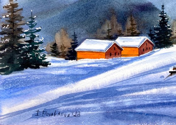 Alpine Radiance oroginal watercolor artwork, snow painting witt mountains and chaletб gift idea