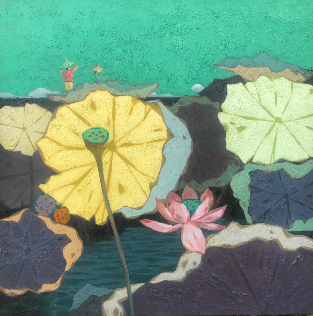 Impressionistic Botanical Oil Painting By Kunlong Wang, 39 X 39", Memory Of The Lotus Pond, Original Artwork