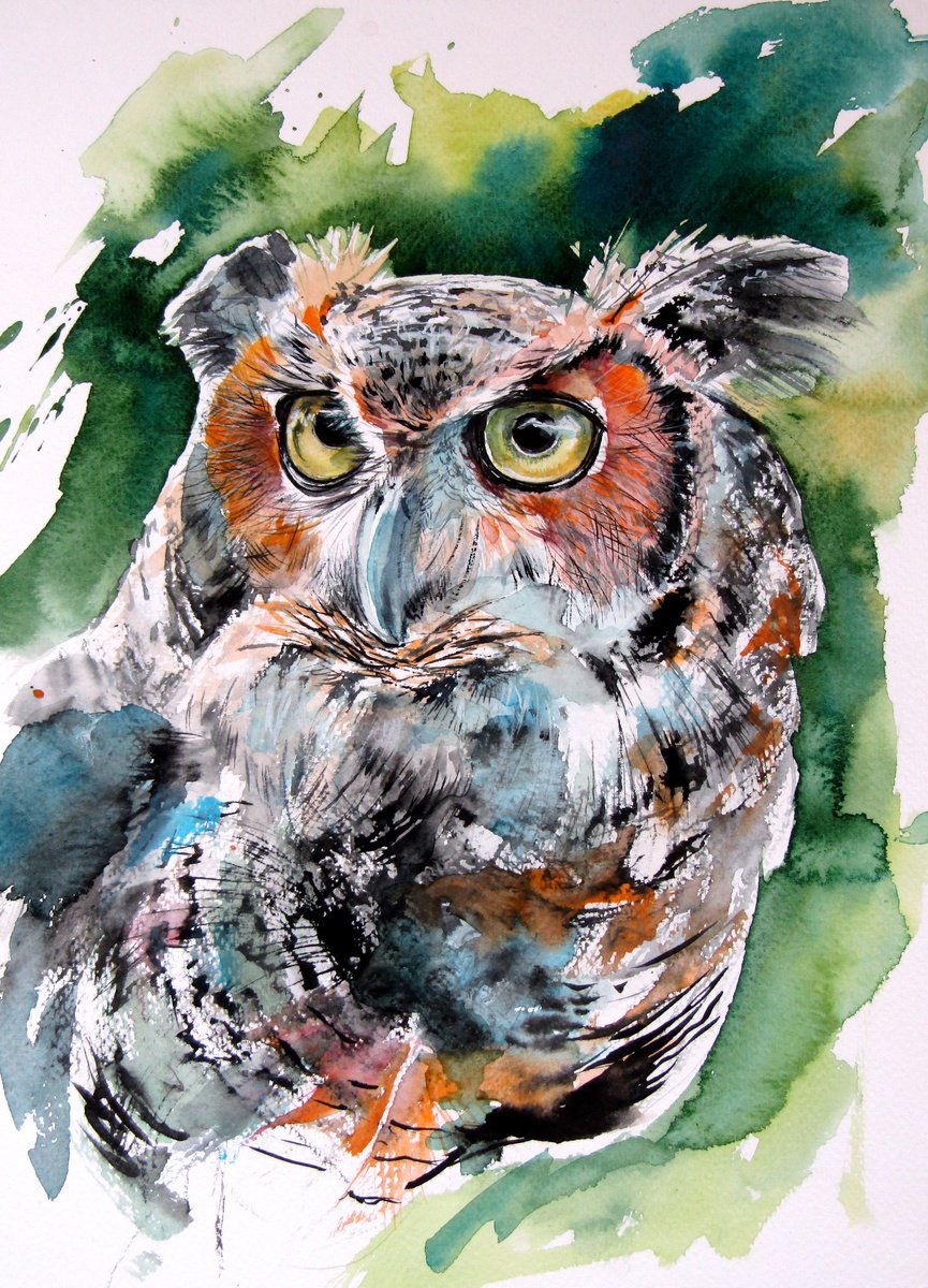 Impressionistic Animal Watercolour By Kovacs Anna Brigitta, 10 X 15", Owl Watching, Original Artwork