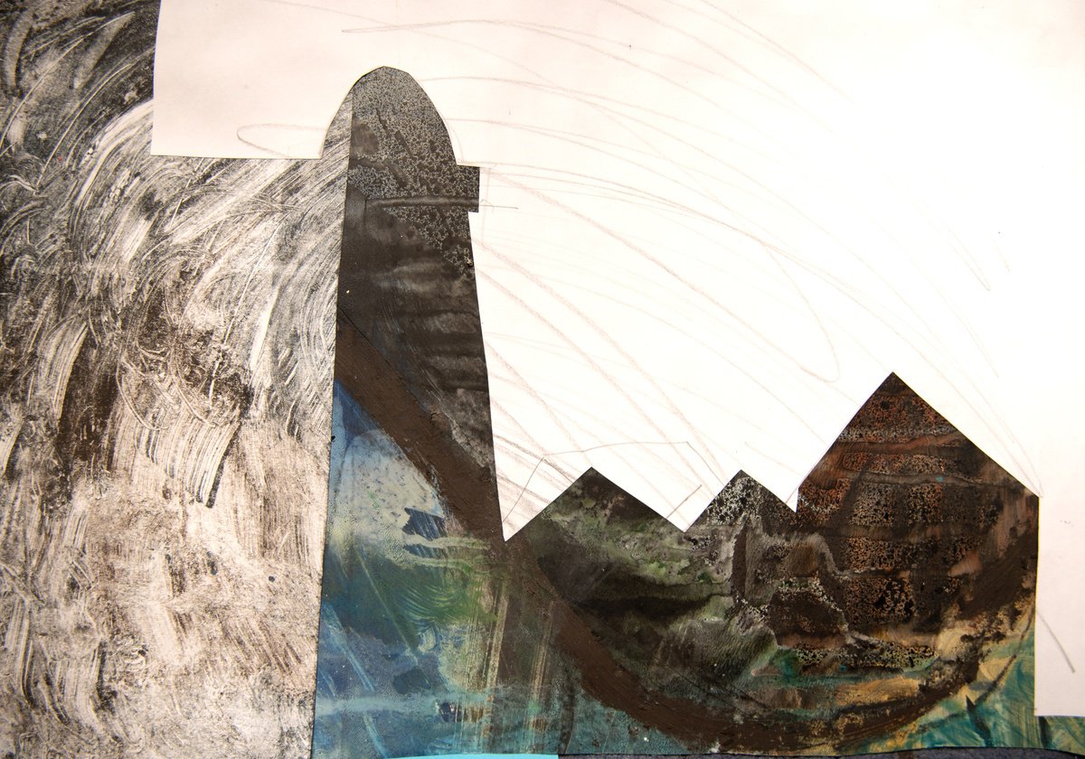 Impressionistic Landscape Collage By Elizabeth Anne Fox, 23 X 16, Lighthouse Storm, Original Artwork