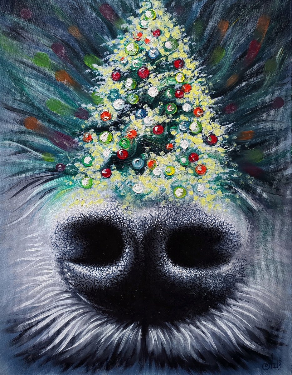 Impressionistic Animal Oil Painting By Anna Shabalova, 14 X 18, Christmas ???? On The Nose, Original Artwork