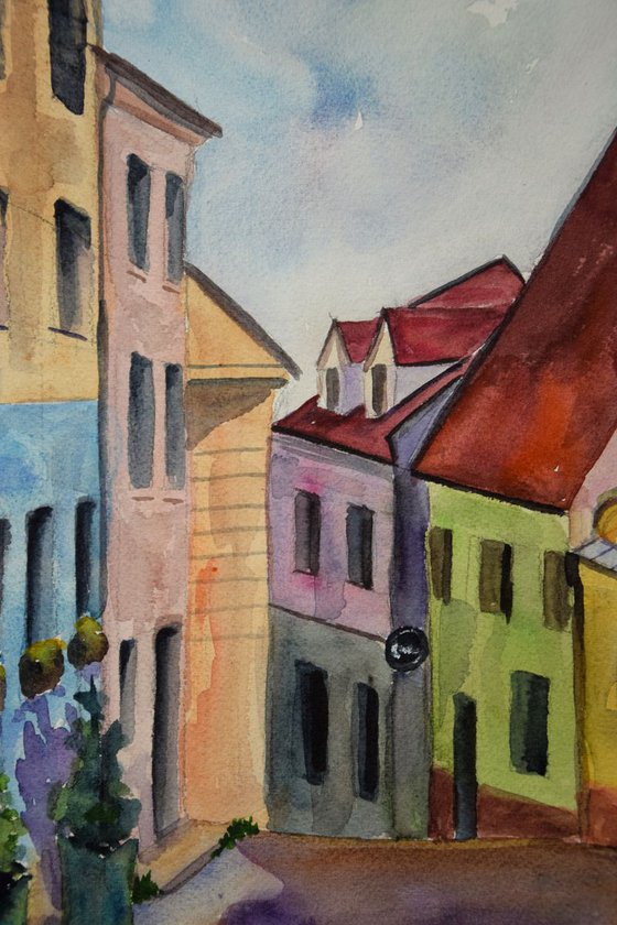 Slovakia Bratislava ORIGINAL watercolor painting, travel city gift, Europe cityscape, plein air artwork