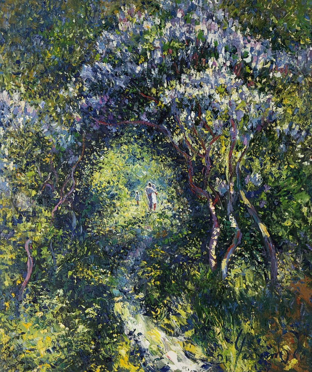 Impressionistic Botanical Oil Painting By Andrii Chebotaru, 39 X 47, Lilac Alley Of Love, Original Artwork