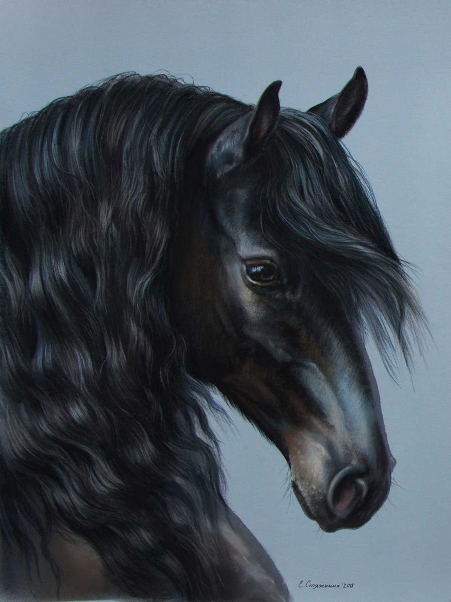 Black horse head on light blue. Black Prince. by Ekaterina Styazhkina