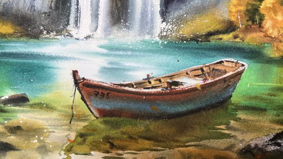 Boat Beneath Autumn’s Cascade