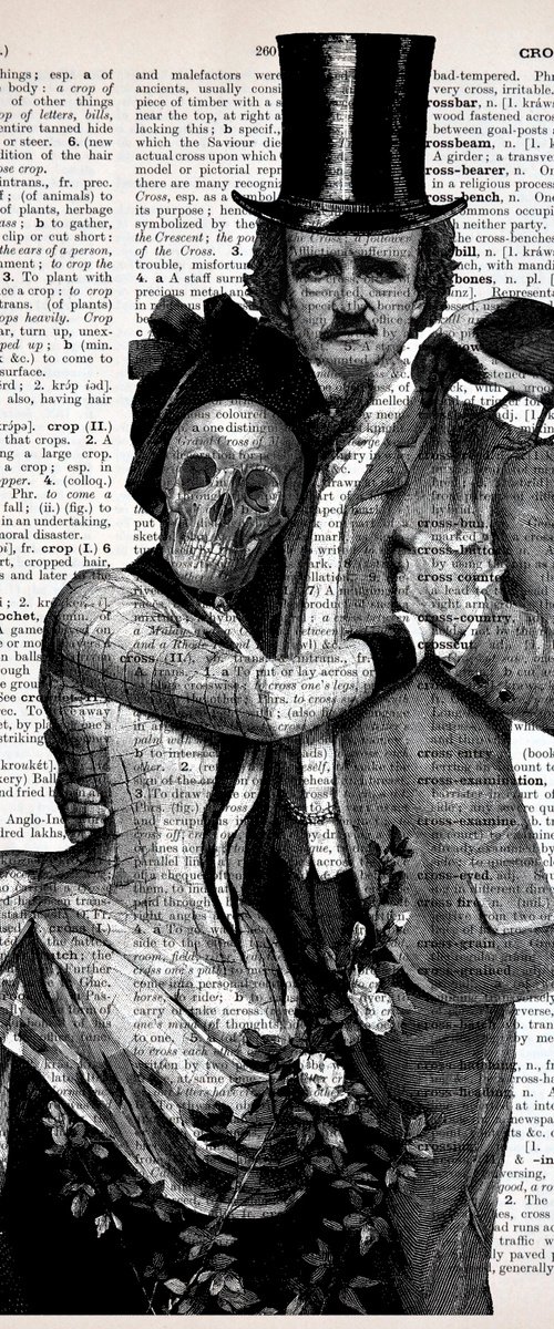 Edgar Allan Poe And Lady Skull - Collage Art Print on Large Real English Dictionary Vintage Book Page by Jakub DK - JAKUB D KRZEWNIAK