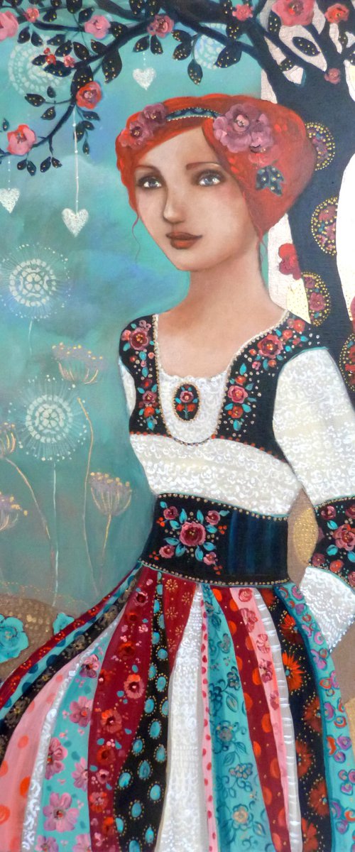Secret wishes 60 x 81 cm.Portrait of a Slavic woman under a tree. by Loetitia Pillault