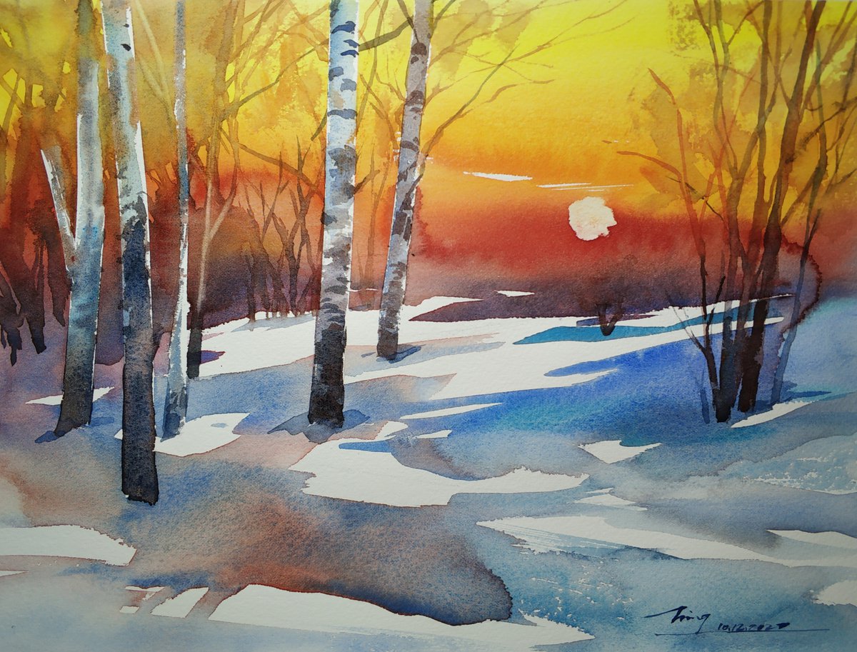 Impressionistic Landscape Watercolour By Jing Chen, 15 X 11, Warm Winter 5, Original Artwork