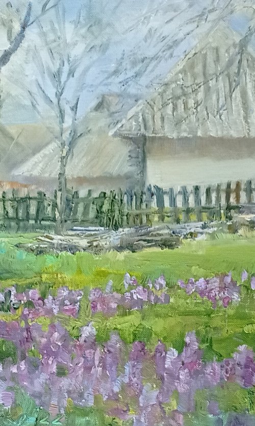 Spring flowers at an old yard / Original picture Plain air painting Oil on paper Ukrainian landscape by Olha Malko