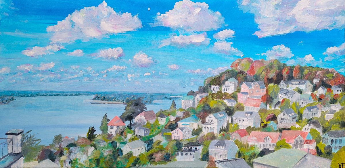 Impressionistic Cityscapes Acrylic Painting By Kathrin Floge, 39 X 20", Some Light: Blankenese, Original Artwork
