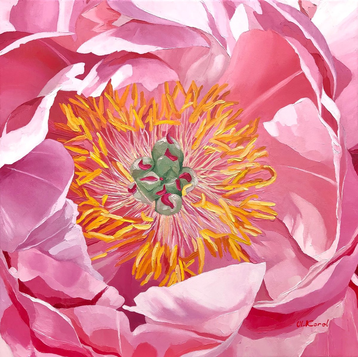 Photorealistic Botanical Oil Painting By Ulyana Korol, 20 X 20", Coral Desire, Original Artwork