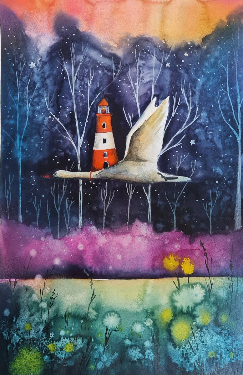 Surrealistic Landscape Painting By Evgenia Smirnova, 15 X 22, The Wing Of The Night, Original Artwork