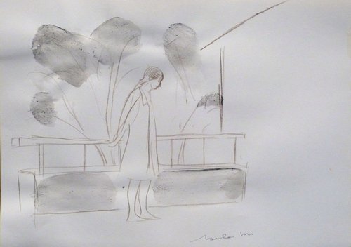 Morning on the terrace, pencil sketch 29x21 cm by Frederic Belaubre