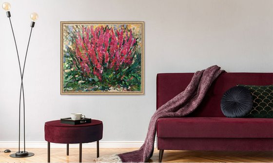 FLOWERBED - Floral art, landscape, original painting, oil on canvas, flowers in the garden, nature,  red summer flowerbed, bloom, interior art home decor, gift