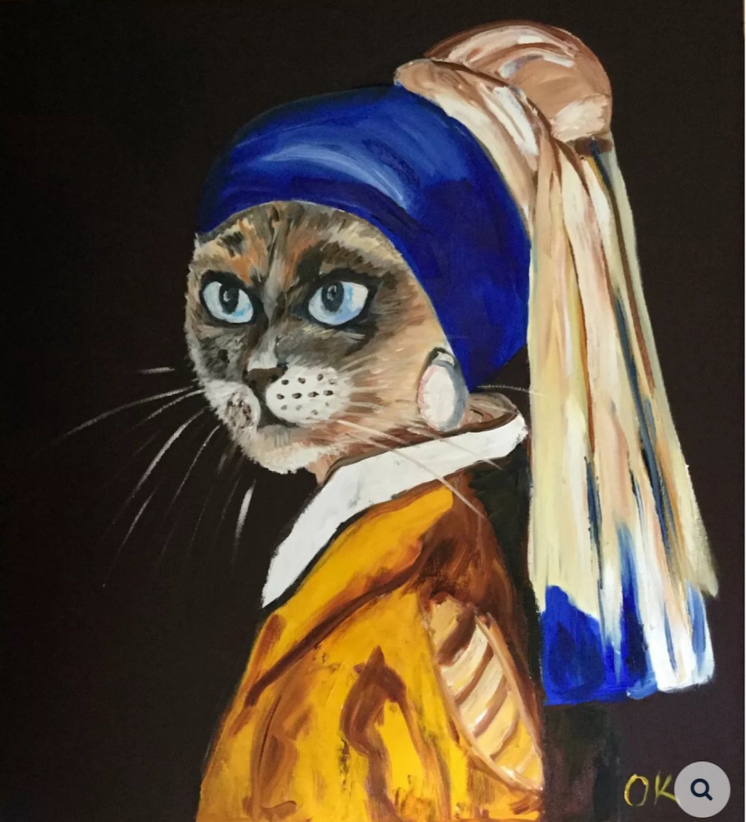 Expressive Animal Oil Painting By Olga Koval, 18 X 20", Cat With The Pearl Earring, Original Artwork