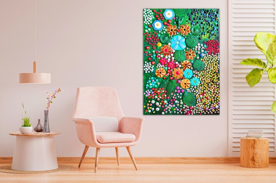 COLORFUL SUMMER GARDEN. Amber turquoise, agate & mosaic botanical floral abstract landscape