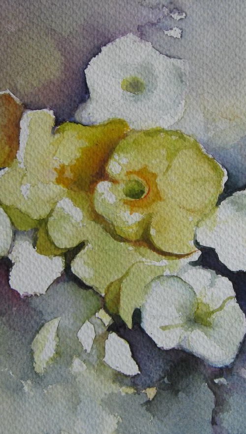 White flowers, yellow flowers... - watercolor by Elena Oleniuc