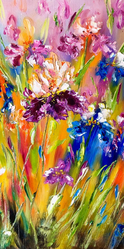 MESSENGERS OF BRIGHTNESS - Irises. Rainbow flower. Juicy colors. Flower meadow. Summer. Good mood. 3d flowers. Texture. by Marina Skromova