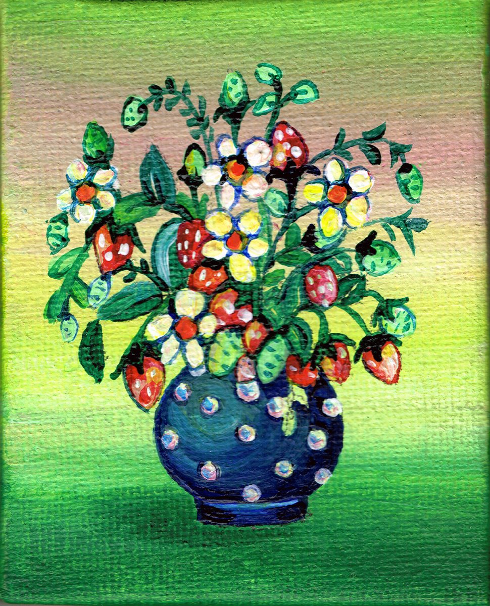 Flowers, Strawberries in blue pot, original acrylic miniature painting, still life by Diana Aleksanian