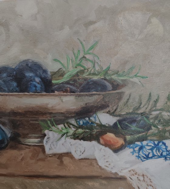 Plums, rosemary and drapery