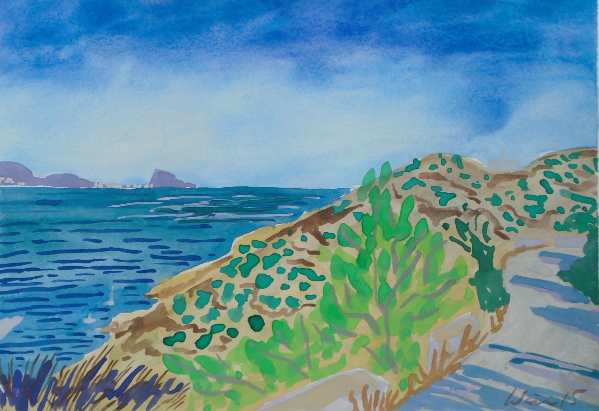 Faro walk with distant Calpe by Kirsty Wain