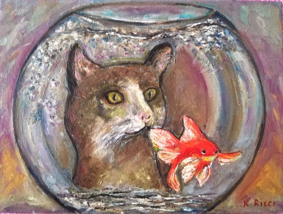 "Cat and Golden Fish " Original Oil on Canvas Board Painting 7 by 10 inches (18x24 cm)