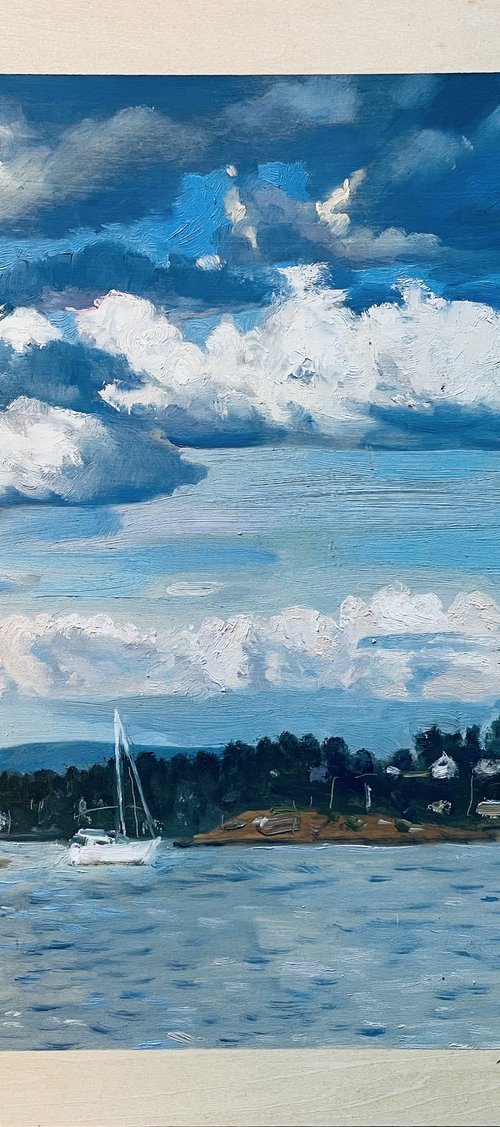 Clouds, boat  and water by Nadezda Stupina
