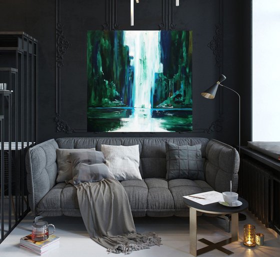 Deep forest waterfall- large size 100 x 100 cm (39 x 39 inches )-ready to hang