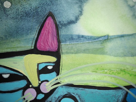 Happy Night Swim - funny cat art