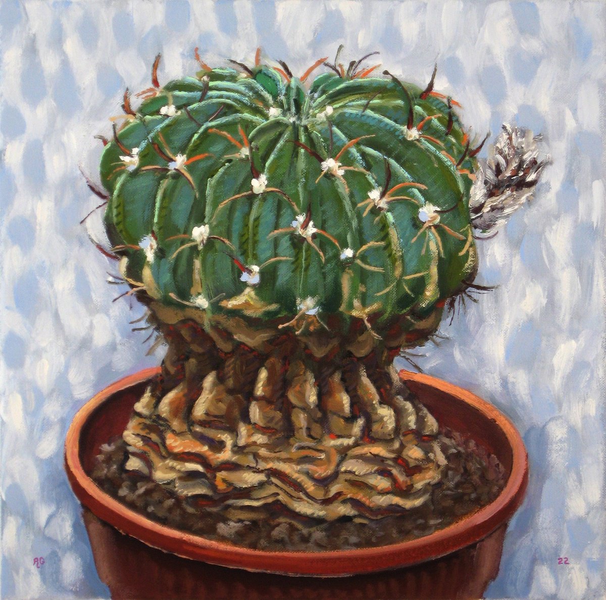 Botanical Oil Painting By Richard Gibson, 11 X 11", Cactus With Flower Bud, Original Artwork