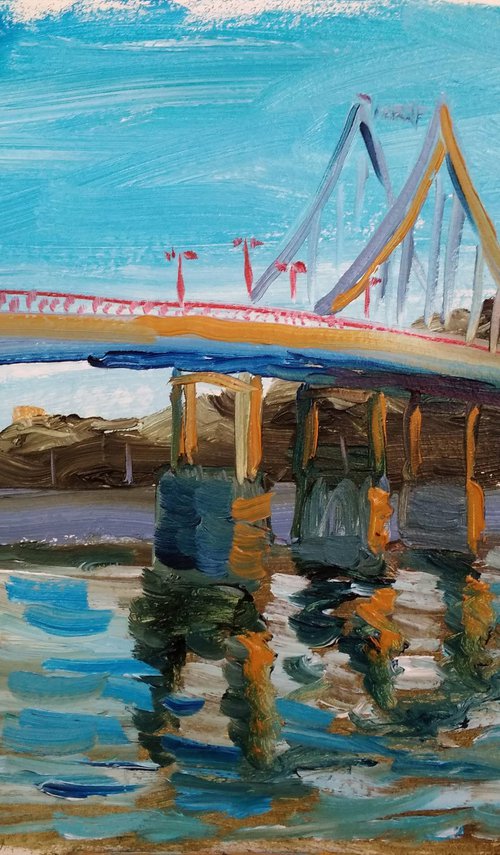 The footbridge over the river Dnipro in the Kyiv city pleinair painting by Dmitry Fedorov
