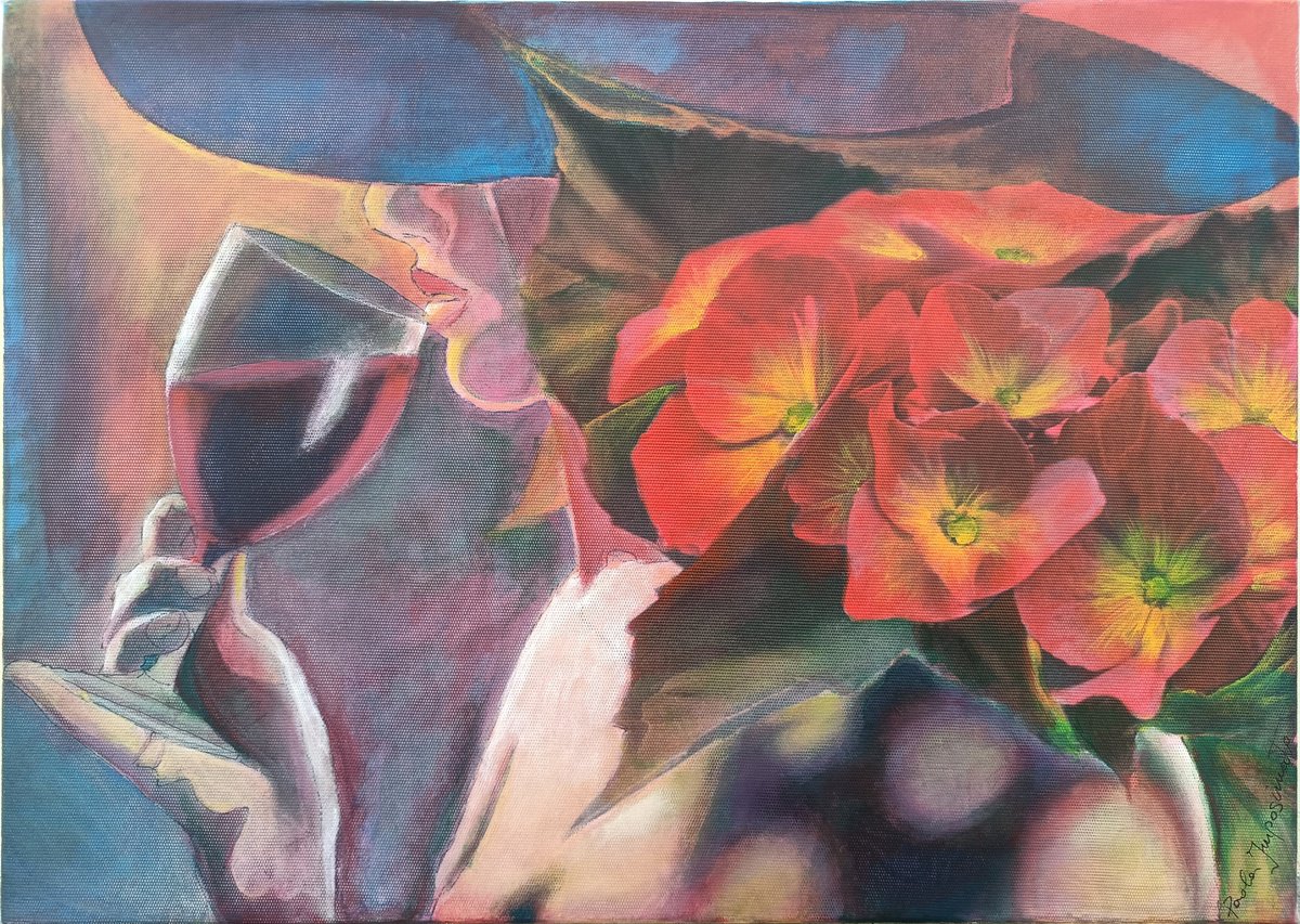Expressive Botanical Acrylic Painting By Paola Imposimato, 14 X 10", The Scent Of Red Primrose, Original Artwork