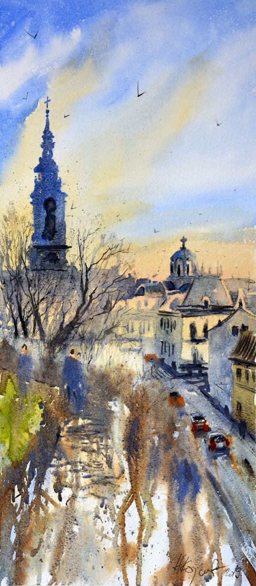Pogled na krovove sa Kalemegdana Beograd medium by Nenad Kojic watercolorist