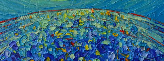FIELD OF BLUE POPPIES AT SUNRISE - abstract landscape modern impressionist floral palette knife oil painting