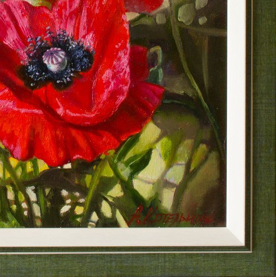 "Scarlet flashes"  flower  poppies summer liGHt original painting  GIFT (2018)