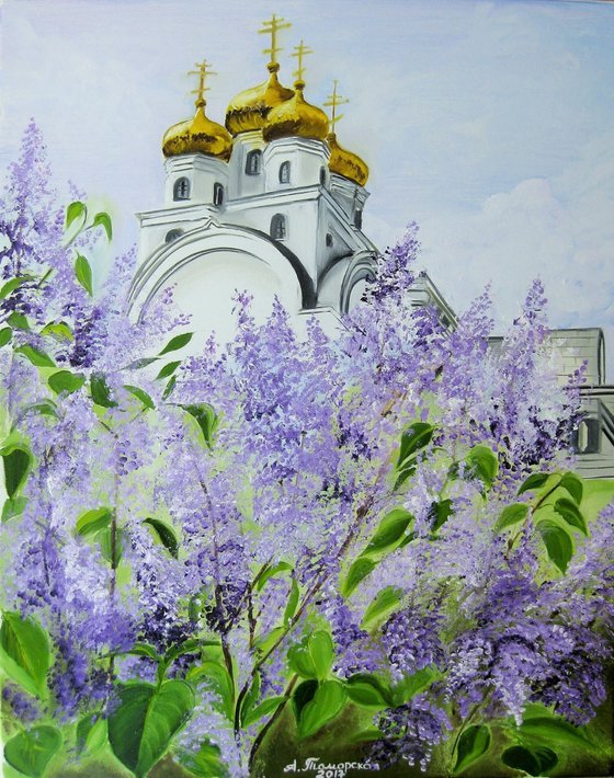 Church Behind Lilacs