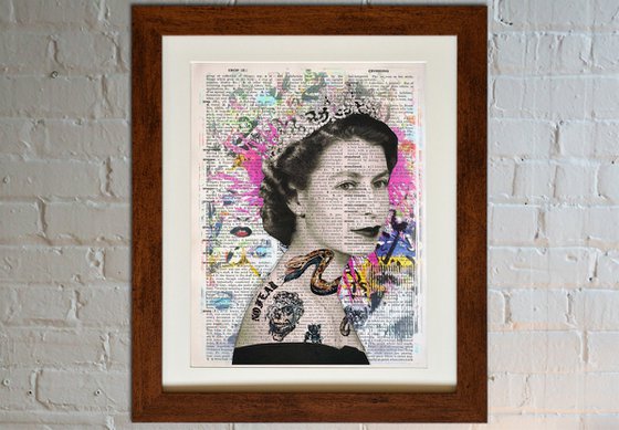 The Queen Elizabeth II Snake Tattoo - Collage Art on Large Real English Dictionary Vintage Book Page