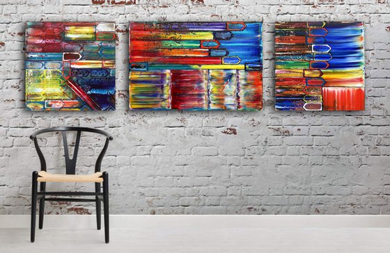 "The Road Less Traveled" - Save As A Series - Unique PMS Geometric Oil Painting Triptych On Canvas - 84" x 24"