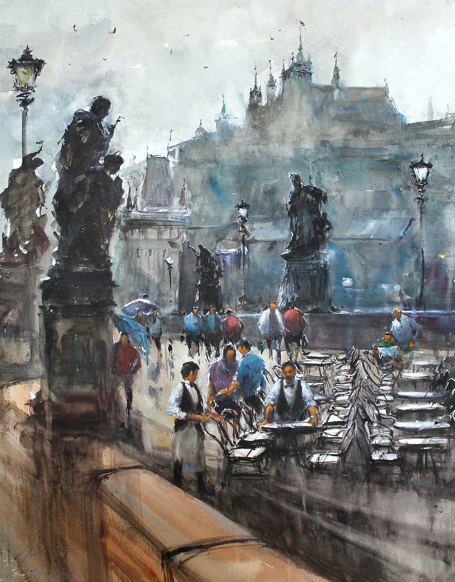 Impressionistic Cityscapes Watercolour By Maximo Damico, 20 X 26", Set Tables On Charles Bridge, Original Artwork