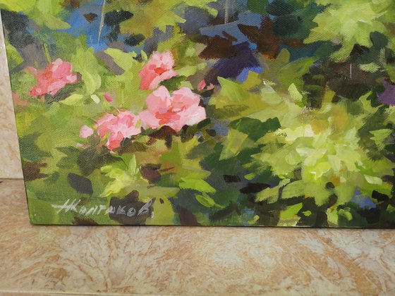 "Rose bushes by the shoreline", original one of a kind acrylic on canvas impressionistic painting (30x40")