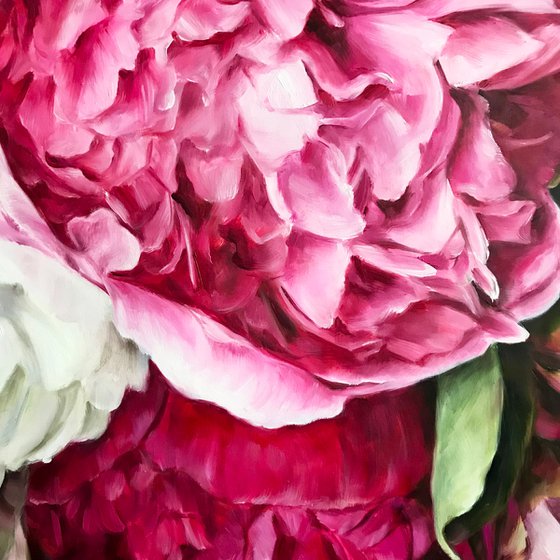 Large square painting with peonies "About Love" 90*90 cm